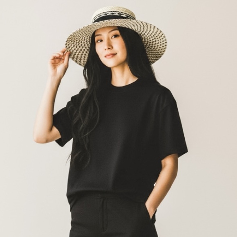 NWT Sun N Sand Wide-Brim Straw Sun Hat with Black Bow and Band
